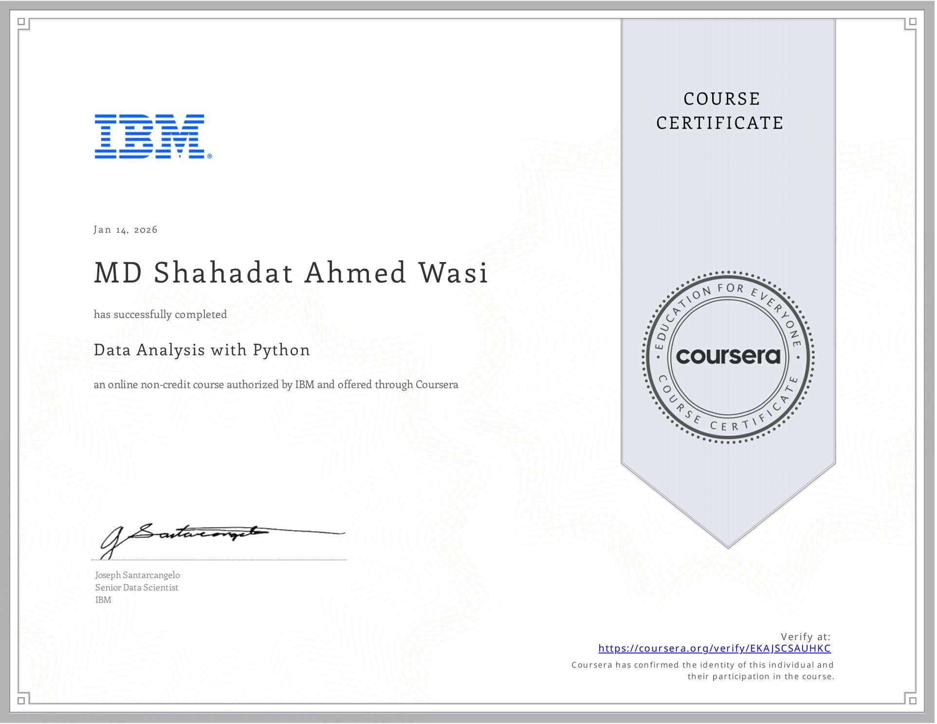 Data Analysis with Python certificate